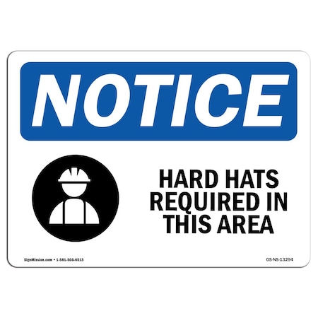 OSHA Notice Sign, Hard Hats Required In This Area With Symbol, 24in X 18in Aluminum